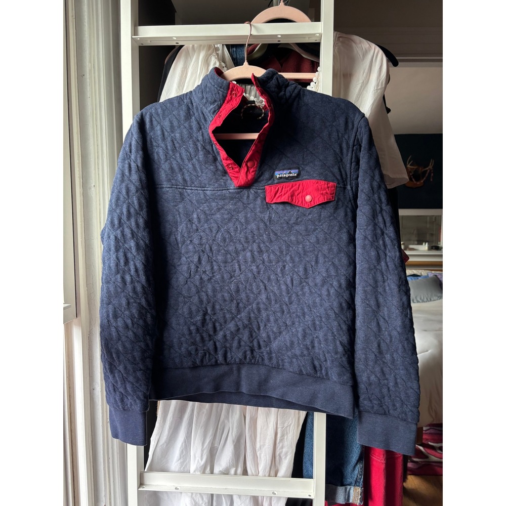 Patagonia Quilted Snap-T Pullover Womens‎ XS Navy Red Organic Cotton Sweatshirt